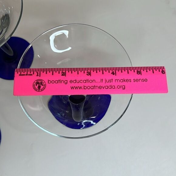 Libby Martini Glasses Cobalt Blue Curved Stem Art Glass Swerve Bravura Set 3 - Picture 7 of 8